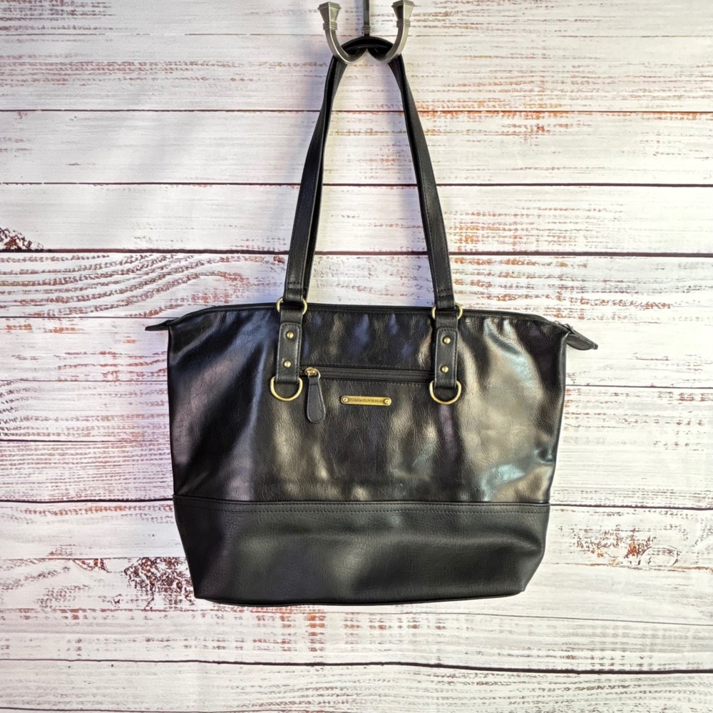 Classic Minimalist Tote Bag‎ Stone Mountain USA Large Black Faux Leather - Picture 2 of 15